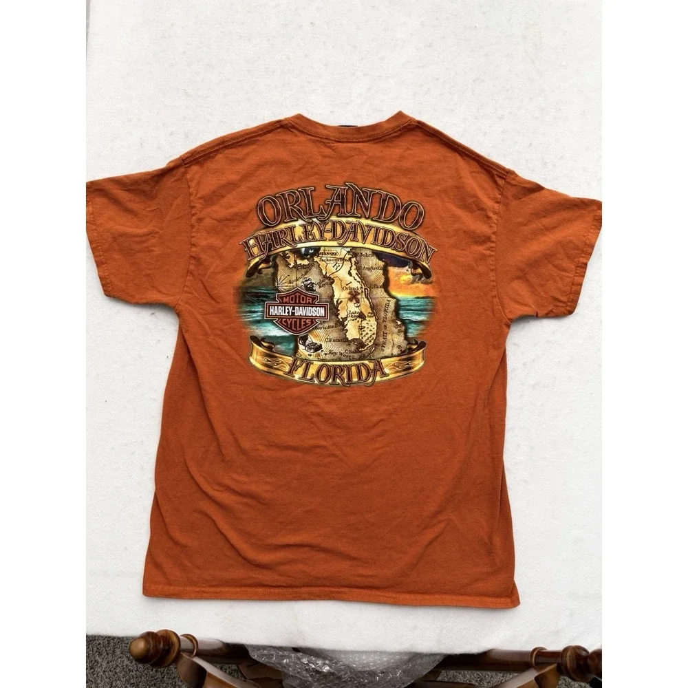 Harley-Davidson‎ Shirt Mens L Orange Pirate Skull Orlando Florida Motorcycles